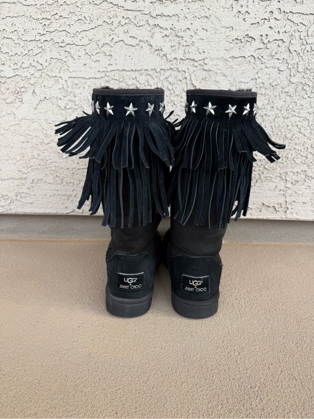 RARE Limited Edition Jimmy Choo x UGG Black Suede Sora Fringe Star Stud Boots